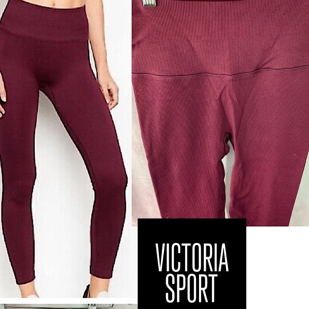 VICTORIA SPORT burgundy wine red high waist seamless ribbed contour legging NWT